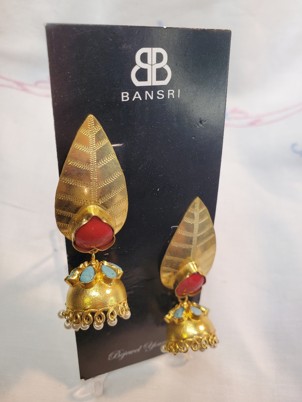 Bansri Earrings Goldtone With Red Coral And Turquoise & Faux Pearls